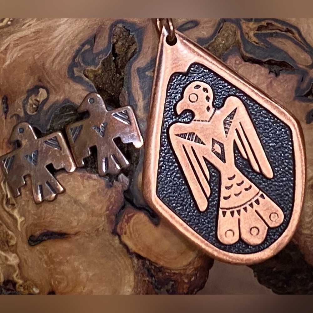 Vtg. WM Wheeler Co SW Thunderbird Copper Pendant & Chain Necklace and earrings